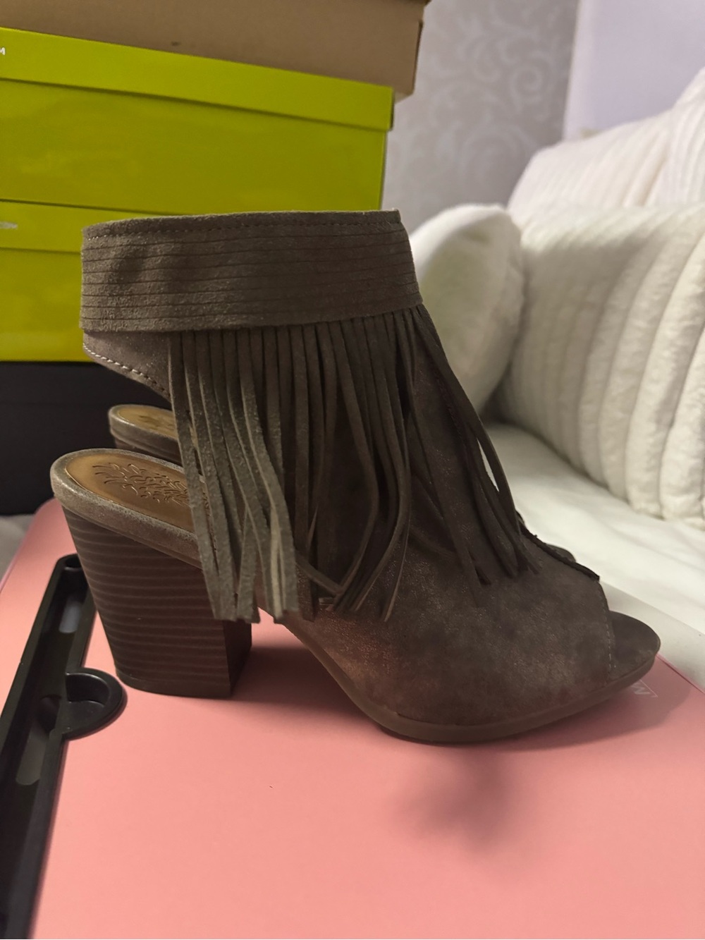 Fringe Peep-Toe Block Heel Ankle Boots